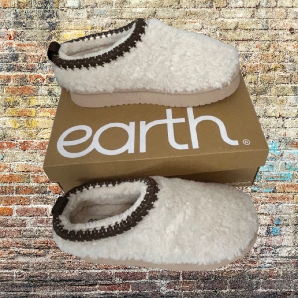Earth Womens Freyya Platform Casual Slip-on Cozy Mules Cream with Brown Trim 10M